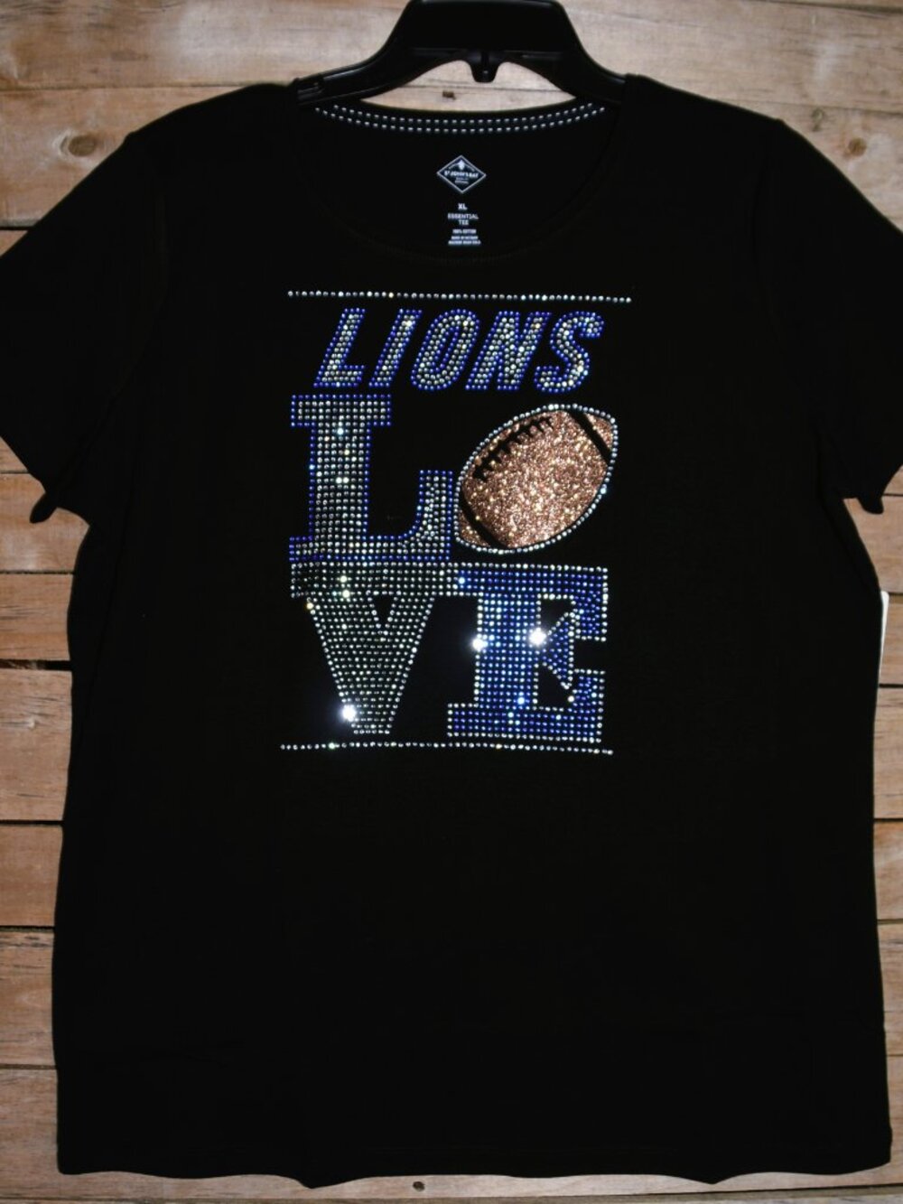 Lions Football Love rhinestone black round neck short sleeve shirt XS S M L XL…